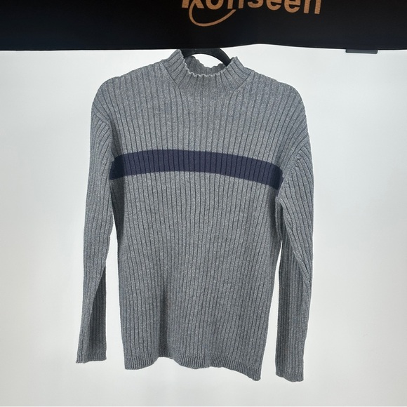 Men's Vintage Y2K Gray Turtleneck Sweater with Navy Stripe Accent Mock Neck - Picture 1 of 8